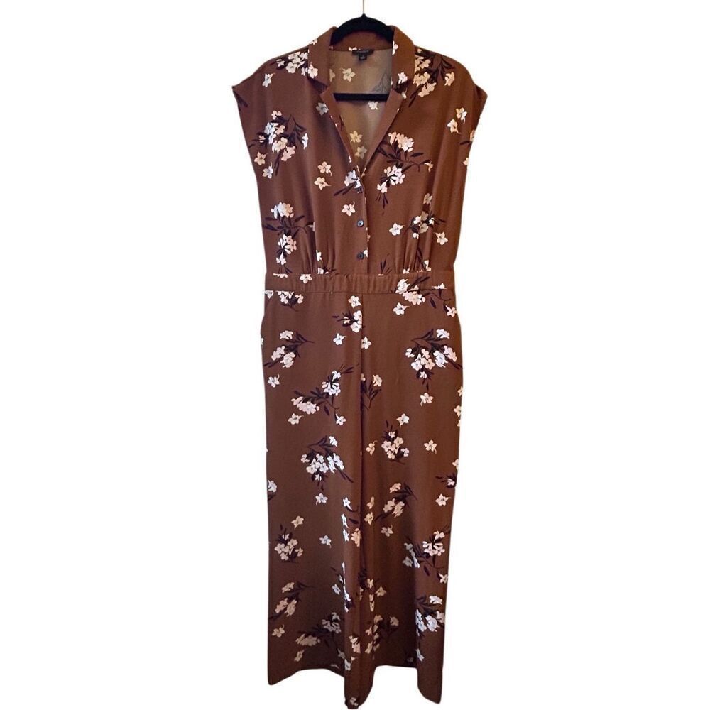 Ann Taylor Brown Floral wide-leg Jumpsuit sz S soft jersey stretch boho work
